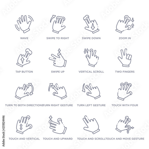 set of 16 thin linear icons such as touch and move gesture, touch and scroll gesture, touch and upward slide, vertical sliding gesture, with four fingers, turn left turn right gesture from hands