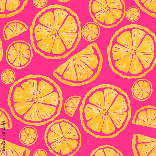 Yellow lemon slices on vibrant pink background - seamless pattern