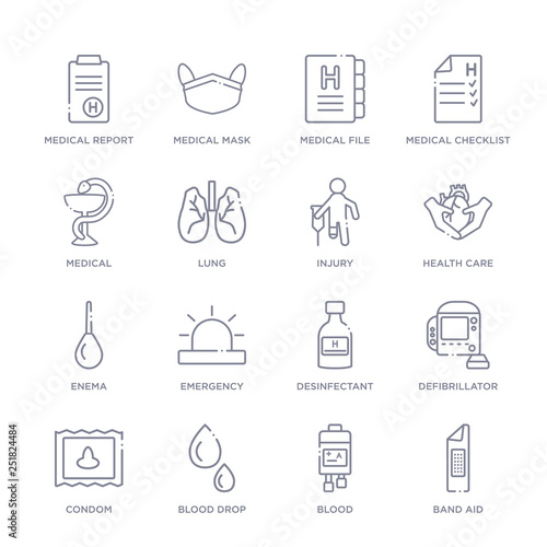set of 16 thin linear icons such as band aid, blood, blood drop, condom, defibrillator, desinfectant, emergency from health and medical collection on white background, outline sign icons or symbols
