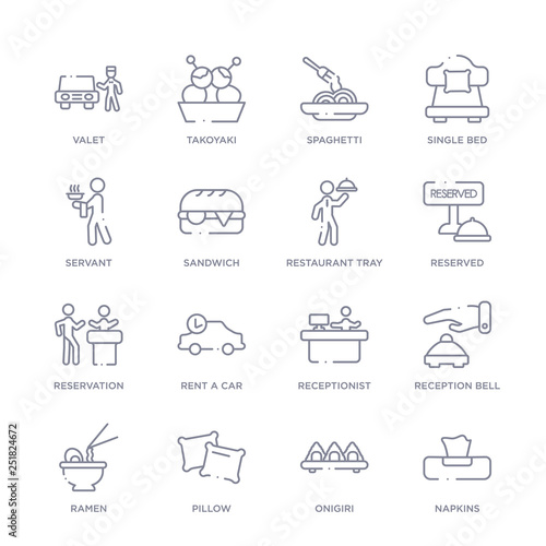 set of 16 thin linear icons such as napkins, onigiri, pillow, ramen, reception bell, receptionist, rent a car from hotel and restaurant collection on white background, outline sign icons or symbols