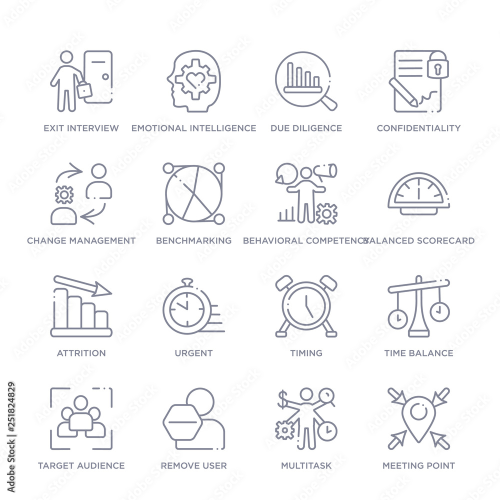 set of 16 thin linear icons such as meeting point, multitask, remove user, target audience, time balance, timing, urgent from human resources collection on white background, outline sign icons or set of 16 thin linear icons such as meeting point, multitask, remove user, target audience, time balance, timing, urgent from human resources collection on white background, outline sign icons or