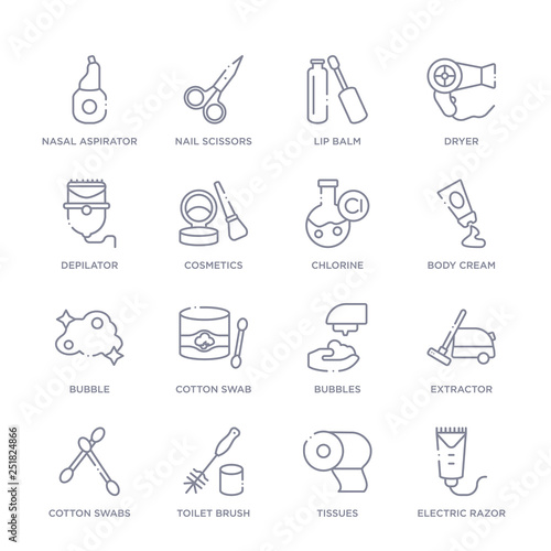 set of 16 thin linear icons such as electric razor, tissues, toilet brush, cotton swabs, extractor, bubbles, cotton swab from hygiene collection on white background, outline sign icons or symbols