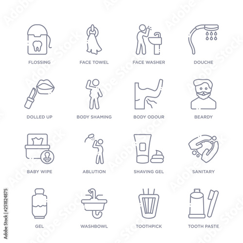 set of 16 thin linear icons such as tooth paste, toothpick, washbowl, gel, sanitary, shaving gel, ablution from hygiene collection on white background, outline sign icons or symbols