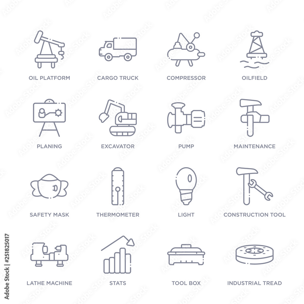 set of 16 thin linear icons such as industrial tread, tool box, stats ...