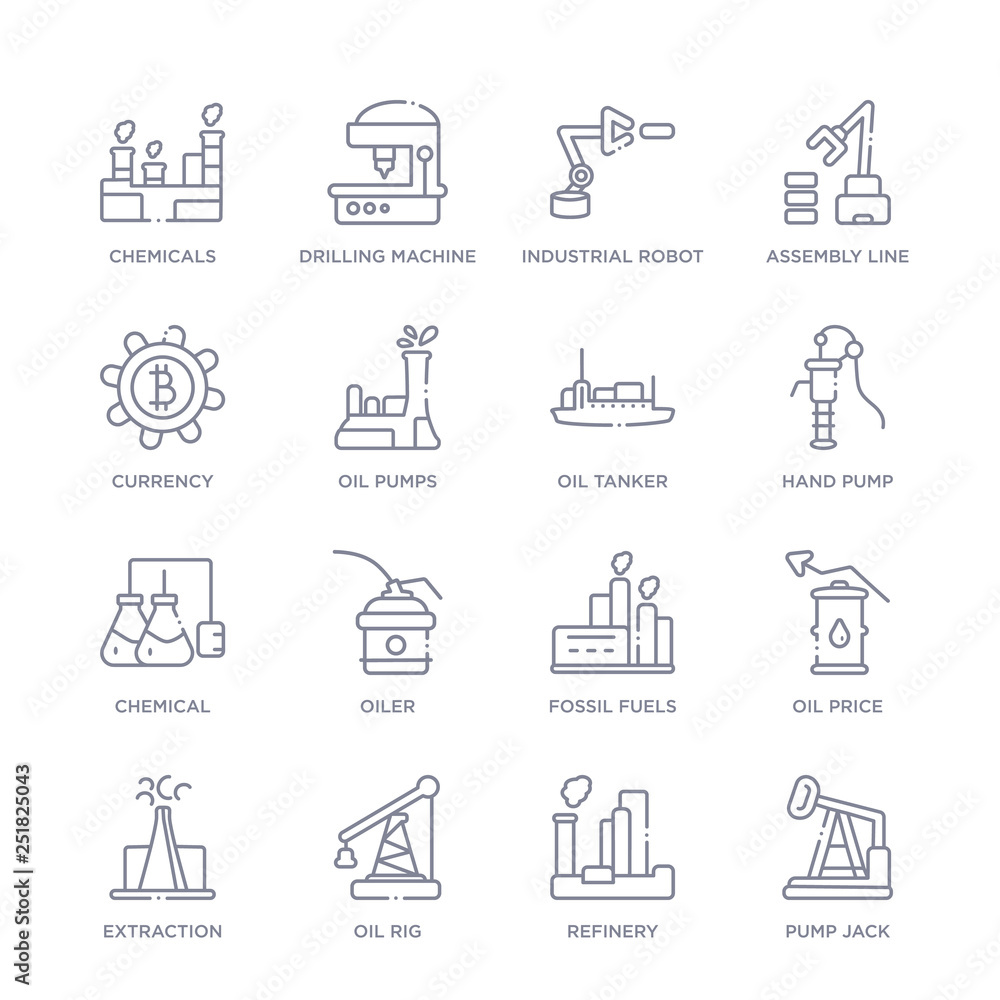 set of 16 thin linear icons such as pump jack, refinery, oil rig, extraction, oil price, fossil fuels, oiler from industry collection on white background, outline sign icons or symbols set of 16 thin linear icons such as pump jack, refinery, oil rig, extraction, oil price, fossil fuels, oiler from industry collection on white background, outline sign icons or symbols