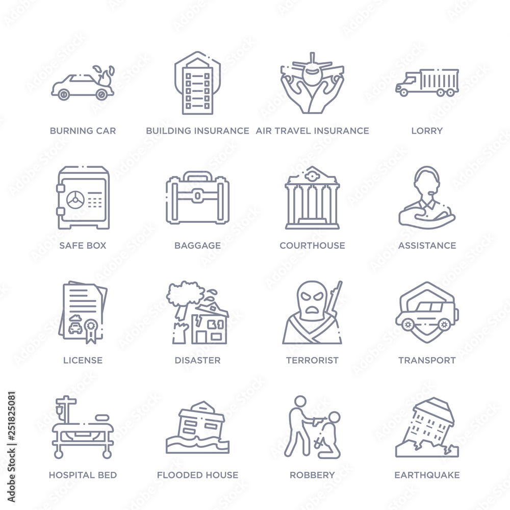 set of 16 thin linear icons such as earthquake, robbery, flooded house, hospital bed, transport, terrorist, disaster from insurance collection on white background, outline sign icons or symbols set of 16 thin linear icons such as earthquake, robbery, flooded house, hospital bed, transport, terrorist, disaster from insurance collection on white background, outline sign icons or symbols