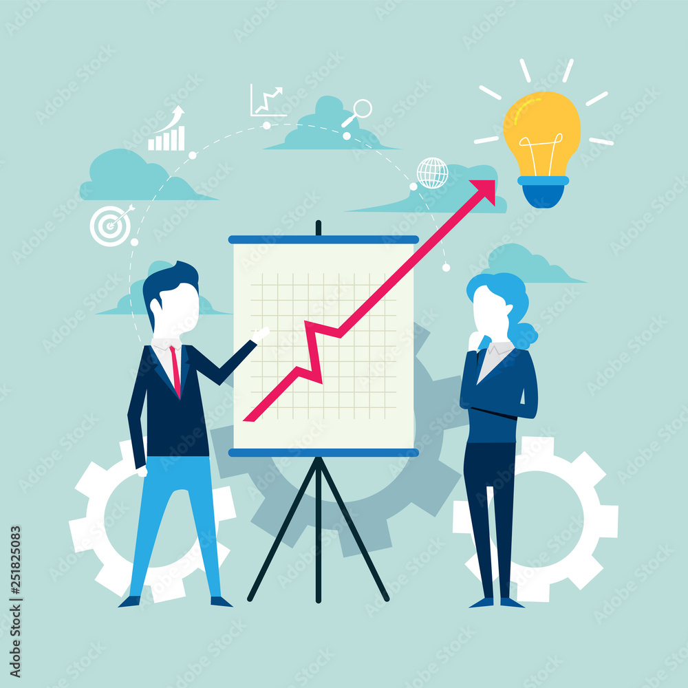 Business people and partners with Whiteboard with growing bar graph Business people and partners with Whiteboard with growing bar graph