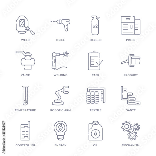set of 16 thin linear icons such as mechanism, oil, energy, controller, gantt, textile, robotic arm from industry collection on white background, outline sign icons or symbols