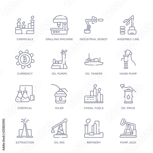 set of 16 thin linear icons such as pump jack, refinery, oil rig, extraction, oil price, fossil fuels, oiler from industry collection on white background, outline sign icons or symbols