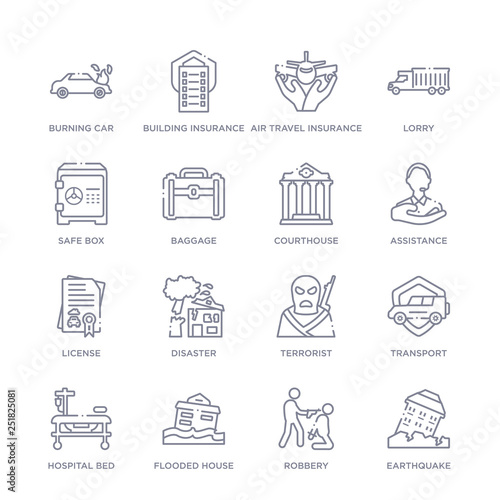 set of 16 thin linear icons such as earthquake, robbery, flooded house, hospital bed, transport, terrorist, disaster from insurance collection on white background, outline sign icons or symbols
