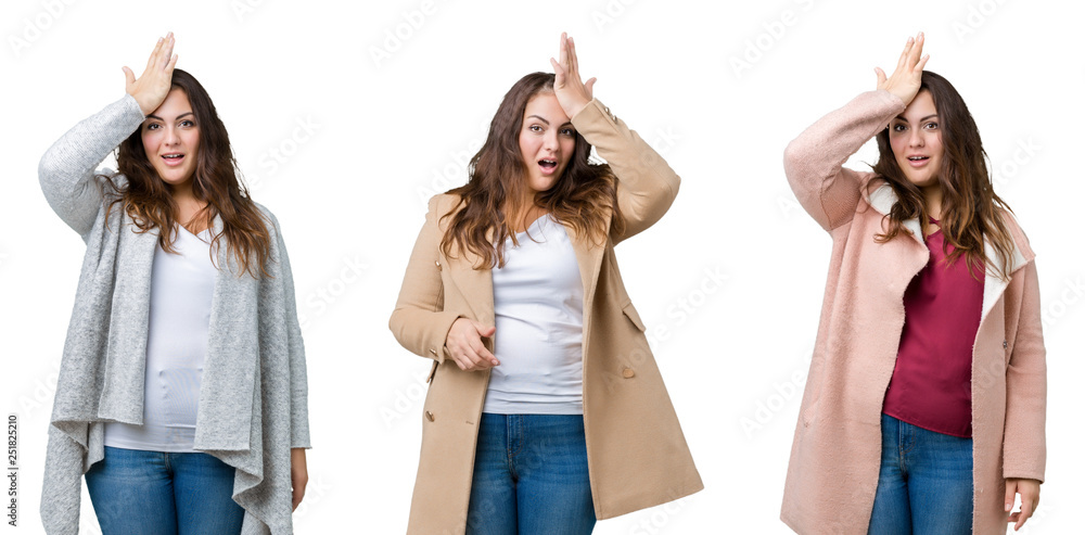 Obraz premium Collage of beautiful plus size woman wearing winter jacket over isolated background surprised with hand on head for mistake, remember error. Forgot, bad memory concept.