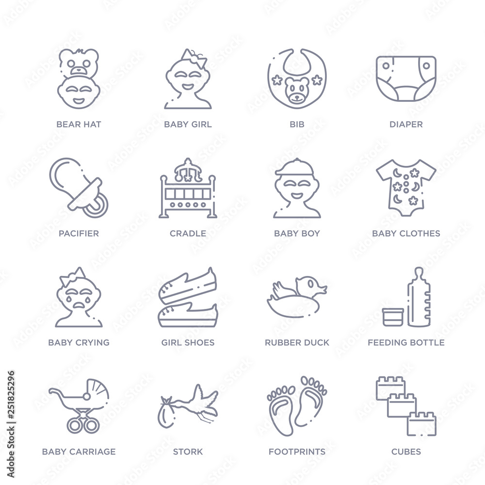 set of 16 thin linear icons such as cubes, footprints, stork, baby carriage, feeding bottle, rubber duck, girl shoes from kid and baby collection on white background, outline sign icons or symbols