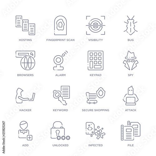 set of 16 thin linear icons such as file, infected, unlocked, add, attack, secure shopping, keyword from internet security collection on white background, outline sign icons or symbols