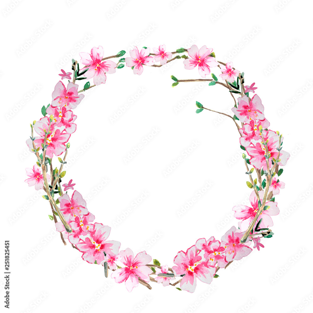 Watercolor illustration. Easter wreath with apple tree blossom, willow branches.
