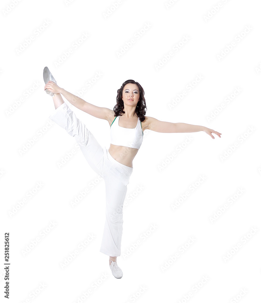 in full growth. dance coach showing exercise for stretching muscles.isolated on white in full growth. dance coach showing exercise for stretching muscles.isolated on white