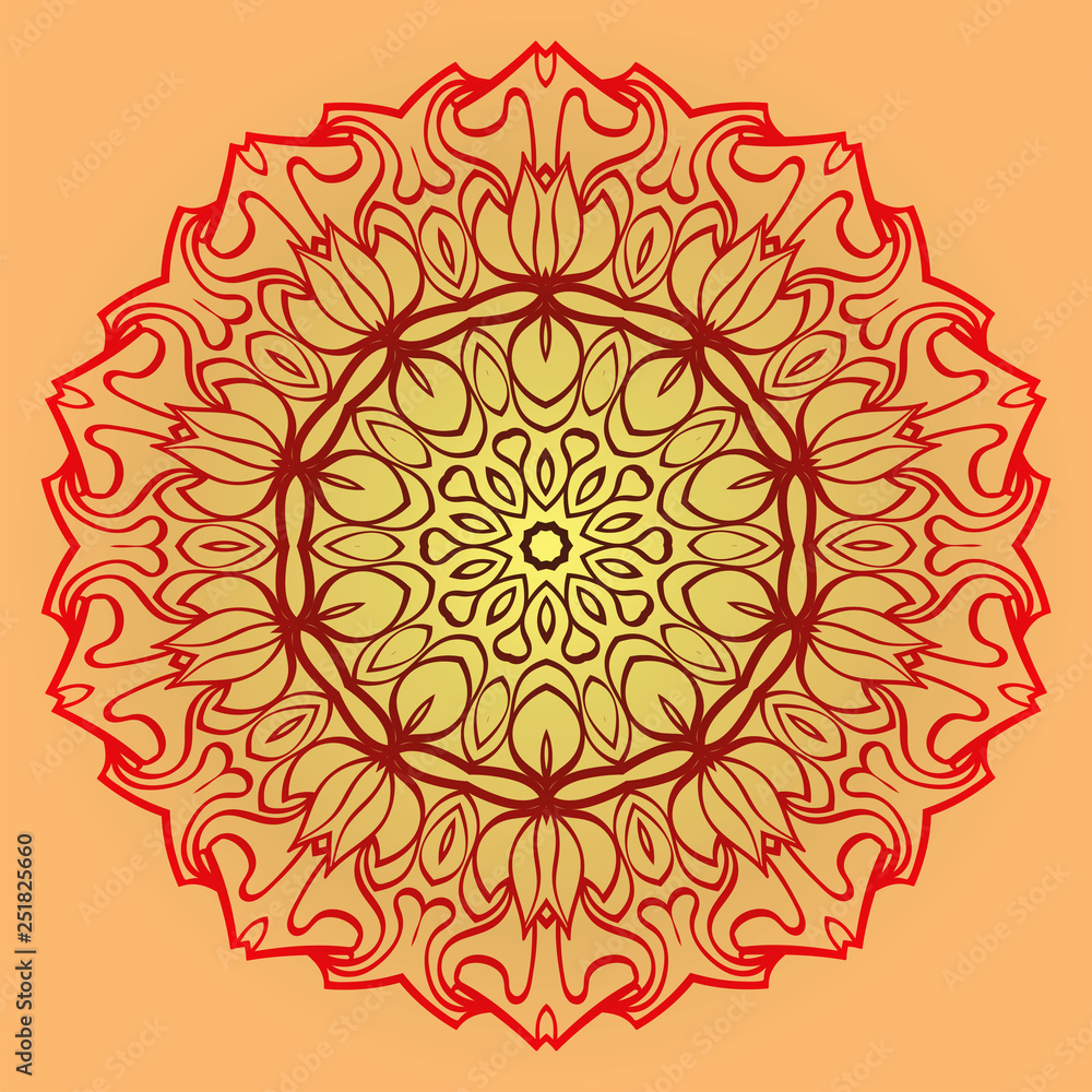 Vector Illustration. Modern Decorative Floral Mandala. Hand Drawn Background. Islam, Arabic, Indian, Ottoman Motifs. Sunrise color Vector Illustration. Modern Decorative Floral Mandala. Hand Drawn Background. Islam, Arabic, Indian, Ottoman Motifs. Sunrise color