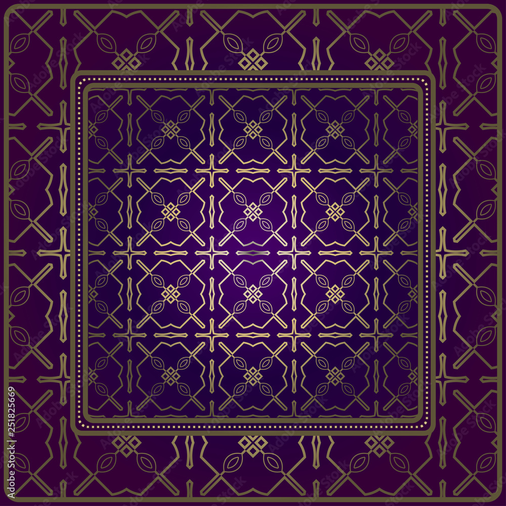 Decorative Pattern With Geometric Ornament. For Print Bandanna, Tablecloth, Fabric Print, Fashion. Vector Illustration. Purple gold color Decorative Pattern With Geometric Ornament. For Print Bandanna, Tablecloth, Fabric Print, Fashion. Vector Illustration. Purple gold color