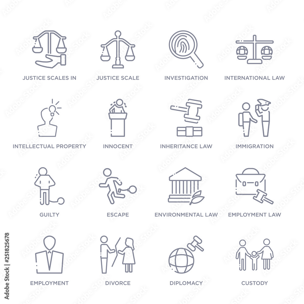 set of 16 thin linear icons such as custody, diplomacy, divorce, employment, employment law, environmental law, escape from law and justice collection on white background, outline sign icons or set of 16 thin linear icons such as custody, diplomacy, divorce, employment, employment law, environmental law, escape from law and justice collection on white background, outline sign icons or