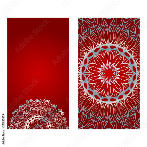Design Vintage Cards With Floral Mandala Pattern And Ornaments. Vector Illustatration. The Front And Rear Side. Red silver color