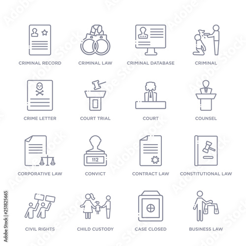 set of 16 thin linear icons such as business law, case closed, child custody, civil rights, constitutional law, contract law, convict from law and justice collection on white background, outline