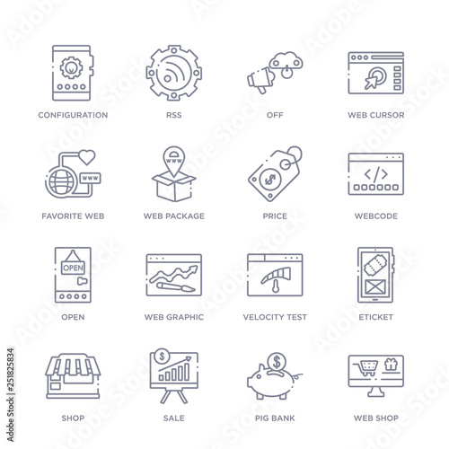 set of 16 thin linear icons such as web shop, pig bank, sale, shop, eticket, velocity test, web graphic from marketing collection on white background, outline sign icons or symbols