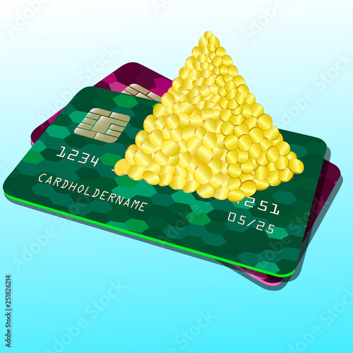 Bank card. Lots of gold coins .Pyramid shape. Money on a credit card. Vector