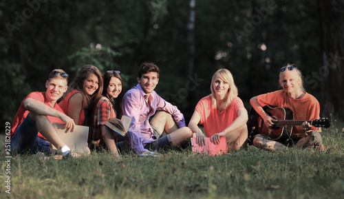 group of friends students with books and guitar sitting on the grass in the Park © yurolaitsalbert