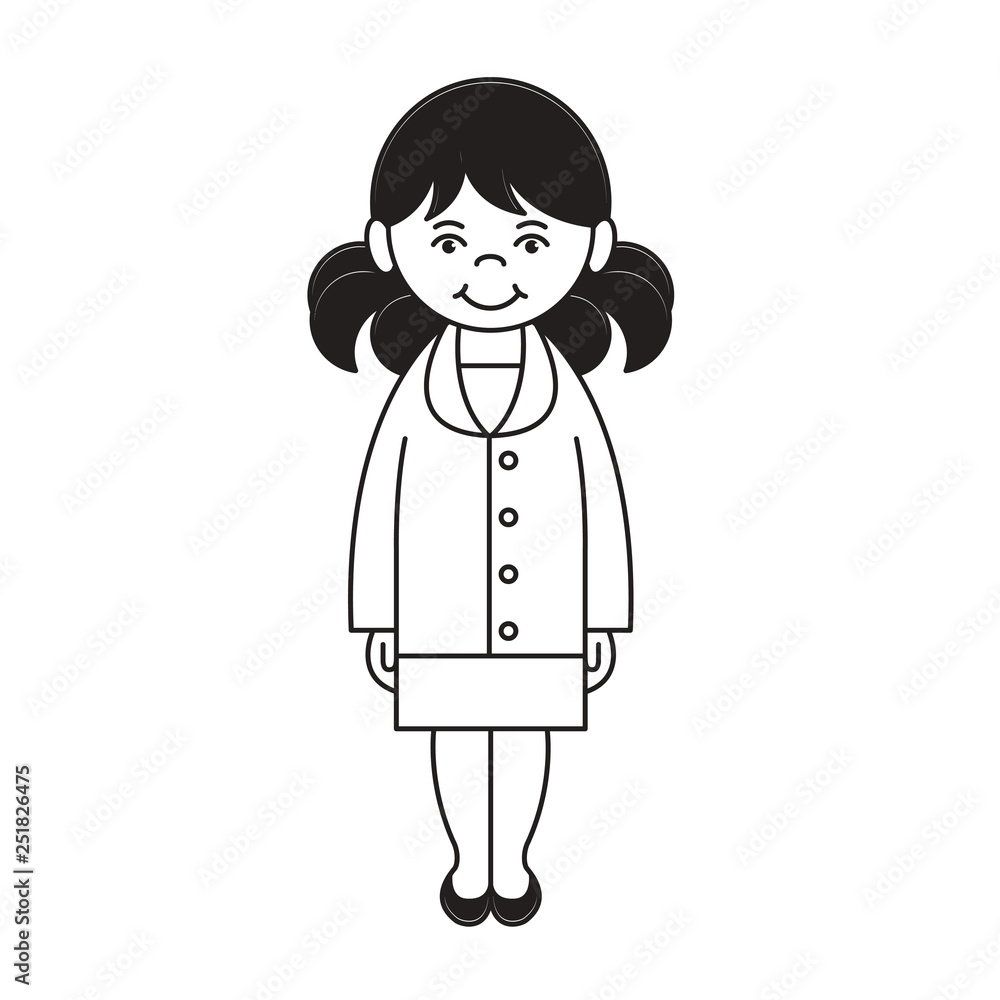 black and white vector cartoon girl with smile standing isolated on white black and white vector cartoon girl with smile standing isolated on white