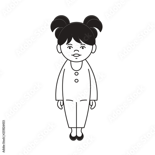 black and white vector cartoon girl in pijama dress standing isolated on white