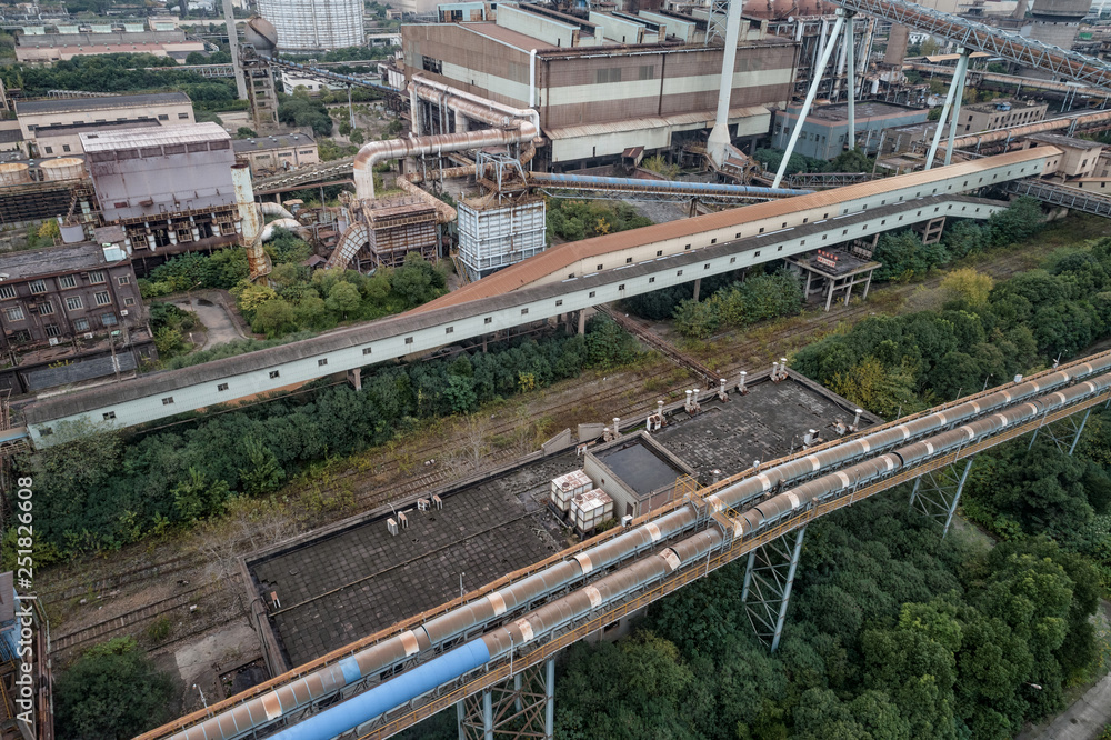 aerial view of industrial buildings in abandoned factory
