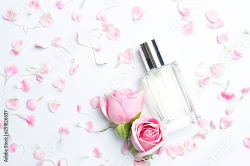 Perfume bottles and rose on white background