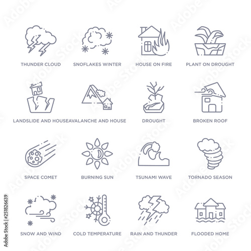 set of 16 thin linear icons such as flooded home, rain and thunder, cold temperature, snow and wind, tornado season, tsunami wave, burning sun from meteorology collection on white background,