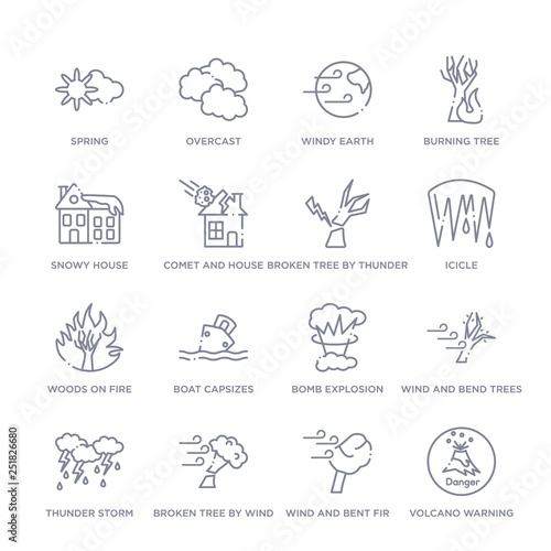 set of 16 thin linear icons such as volcano warning, wind and bent fir, broken tree by wind, thunder storm, wind and bend trees, bomb explosion, boat capsizes from meteorology collection on white