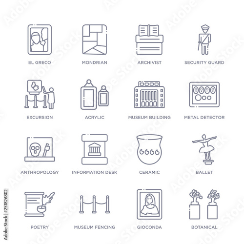 set of 16 thin linear icons such as botanical, gioconda, museum fencing, poetry, ballet, ceramic, information desk from museum collection on white background, outline sign icons or symbols
