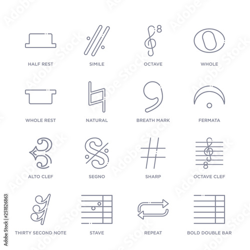 set of 16 thin linear icons such as bold double bar line, repeat, stave, thirty second note rest, octave clef, sharp, segno from music and media collection on white background, outline sign icons or