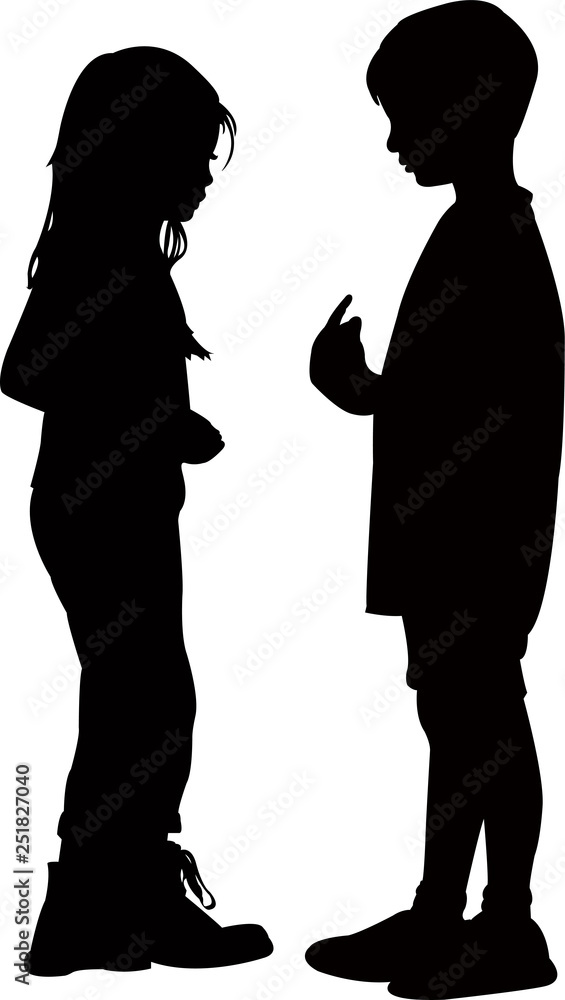 a boy and a girl making chat, playing together, silhouette vector