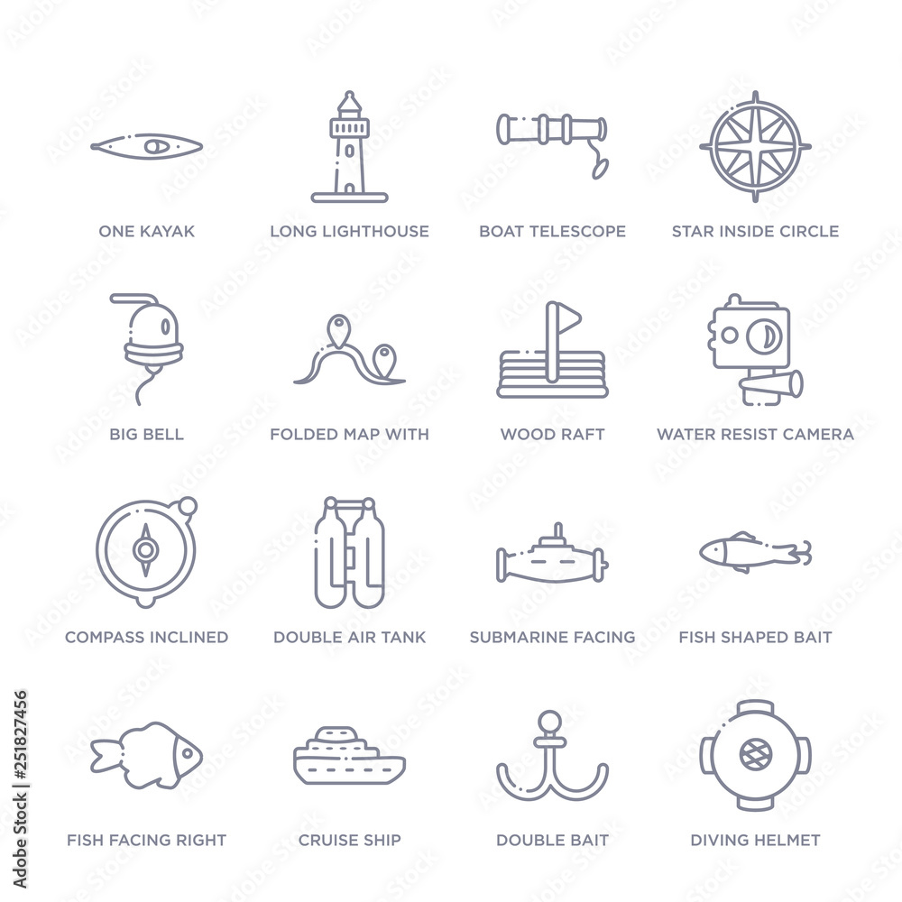 set of 16 thin linear icons such as diving helmet, double bait, cruise ship, fish facing right, fish shaped bait, submarine facing right, double air tank from nautical collection on white set of 16 thin linear icons such as diving helmet, double bait, cruise ship, fish facing right, fish shaped bait, submarine facing right, double air tank from nautical collection on white