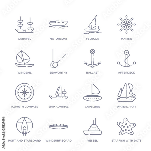 set of 16 thin linear icons such as starfish with dots, vessel, windsurf board, port and starboard, watercraft, capsizing, ship admiral from nautical collection on white background, outline sign