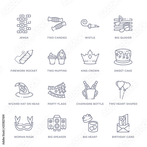 set of 16 thin linear icons such as birthday card, big heart, big speaker, woman mask, two heart shaped balloons, chapaigne bottle in bucket, party flags from party collection on white background,