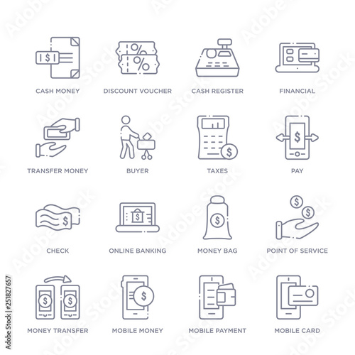 set of 16 thin linear icons such as mobile card, mobile payment, mobile money, money transfer, point of service, money bag, online banking from payment collection on white background, outline sign