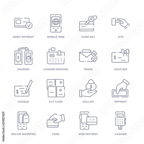 set of 16 thin linear icons such as cashier, web payment, card, online shopping, payment, dollar, cut card from payment collection on white background, outline sign icons or symbols