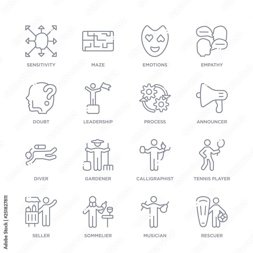set of 16 thin linear icons such as rescuer, musician, sommelier, seller, tennis player, calligraphist, gardener from people skills collection on white background, outline sign icons or symbols set of 16 thin linear icons such as rescuer, musician, sommelier, seller, tennis player, calligraphist, gardener from people skills collection on white background, outline sign icons or symbols