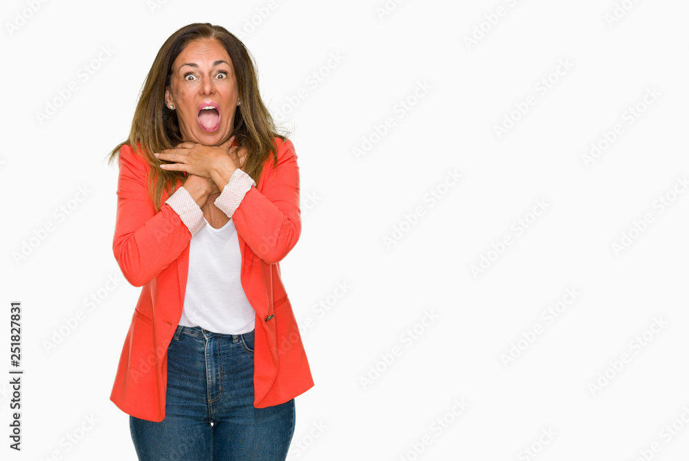 Beautiful middle age business adult woman over isolated background shouting and suffocate because painful strangle. Health problem. Asphyxiate and suicide concept. Beautiful middle age business adult woman over isolated background shouting and suffocate because painful strangle. Health problem. Asphyxiate and suicide concept.