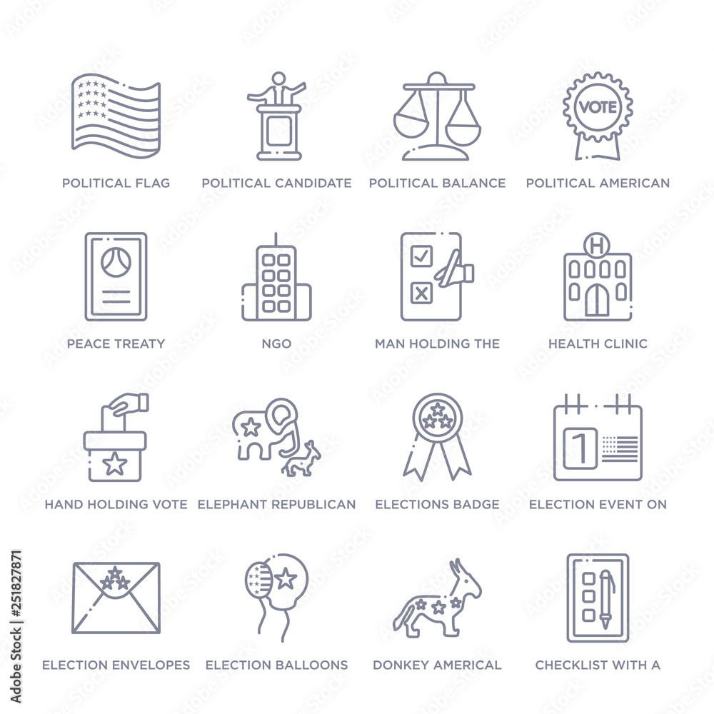 set of 16 thin linear icons such as checklist with a pencil, donkey americal political, election balloons couple, election envelopes and box, election event on a calendar with star, elections badge set of 16 thin linear icons such as checklist with a pencil, donkey americal political, election balloons couple, election envelopes and box, election event on a calendar with star, elections badge