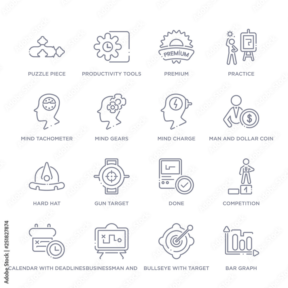 set of 16 thin linear icons such as bar graph, bullseye with target, businessman and tactics, calendar with deadlines, competition, done, gun target from productivity collection on white background,