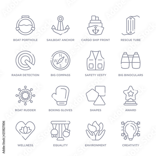 set of 16 thin linear icons such as creativity, environment, equality, wellness, award, shapes, boxing gloves from people skills collection on white background, outline sign icons or symbols
