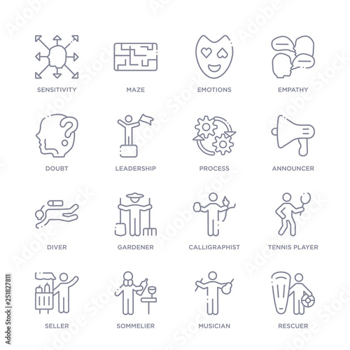 set of 16 thin linear icons such as rescuer, musician, sommelier, seller, tennis player, calligraphist, gardener from people skills collection on white background, outline sign icons or symbols