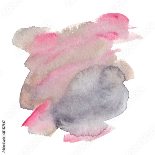 Wet pink, grey and beige backdrop. Watercolor blot on clean white background