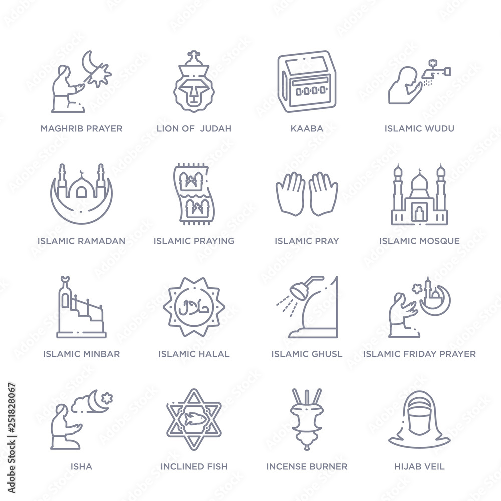 set of 16 thin linear icons such as hijab veil, incense burner, inclined fish, isha, islamic friday prayer, islamic ghusl, islamic halal from religion collection on white background, outline sign set of 16 thin linear icons such as hijab veil, incense burner, inclined fish, isha, islamic friday prayer, islamic ghusl, islamic halal from religion collection on white background, outline sign