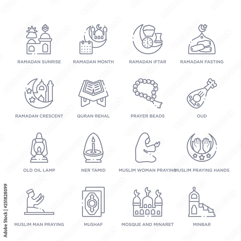 set of 16 thin linear icons such as minbar, mosque and minaret, mushaf, muslim man praying, muslim praying hands, muslim woman praying, ner tamid from religion collection on white background, set of 16 thin linear icons such as minbar, mosque and minaret, mushaf, muslim man praying, muslim praying hands, muslim woman praying, ner tamid from religion collection on white background,